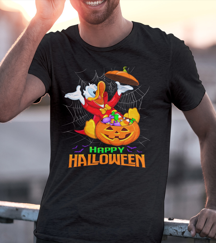 Happy Halloween Donald Duck In Pumpkin Suit With Candy And Spiderweb T-Shirt