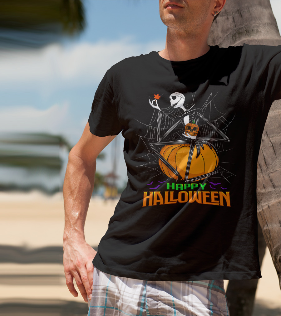 Happy Halloween Jack Skellington Pumpkin Bat Spiderweb T-Shirt