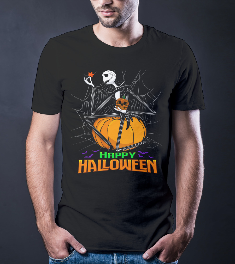 Happy Halloween Jack Skellington Pumpkin Bat Spiderweb T-Shirt