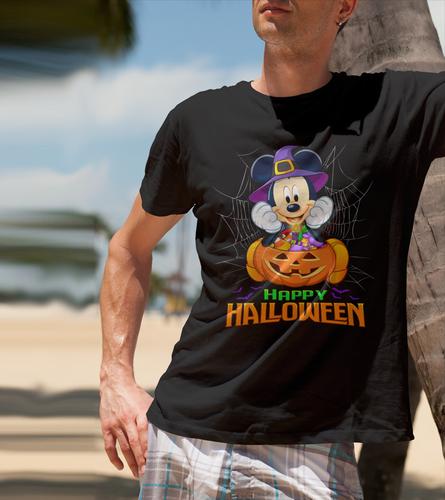 Mickey Happy Halloween Witch Hat Pumpkin Bat Spiderweb T-Shirt