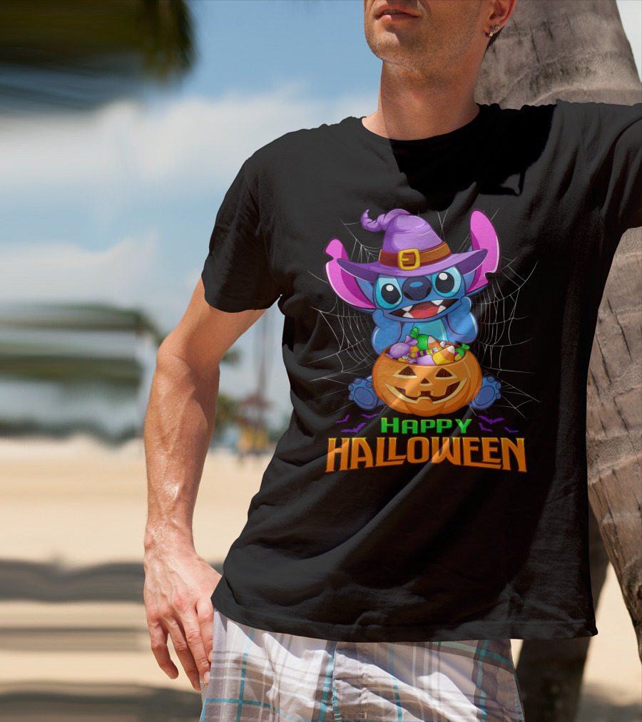 Happy Halloween Stitch Witch Costume Pumpkin Candy Basket T-Shirt