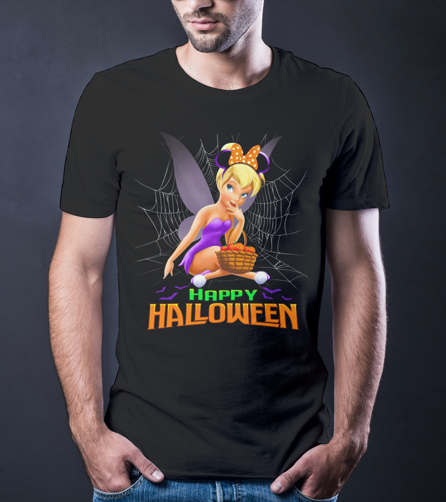 Tinker Bell Happy Halloween Pumpkin Basket With Bat Wings And Spiderweb T-Shirt