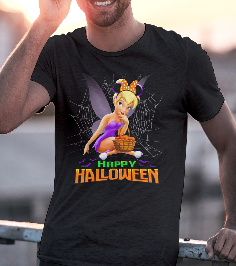 Tinker Bell Happy Halloween Pumpkin Basket With Bat Wings And Spiderweb T-Shirt