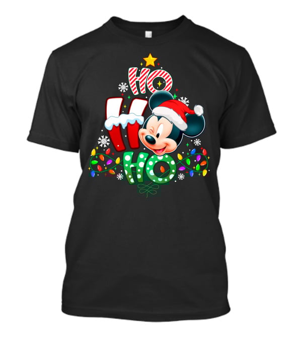 Mickey Ho Ho Ho Christmas Lights Snowflakes Santa Hat T-Shirt