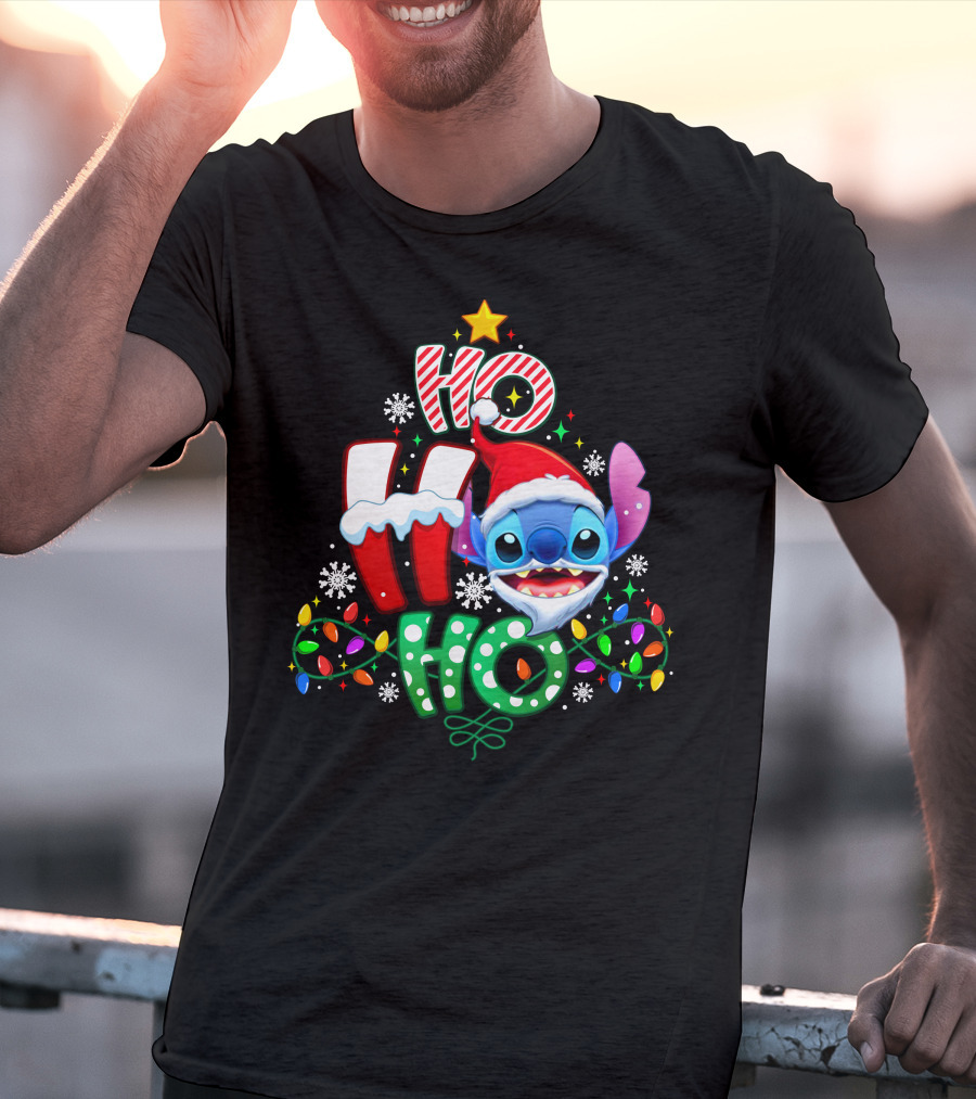 Ho Ho Ho Stitch Christmas Lights Santa Hat T-Shirt