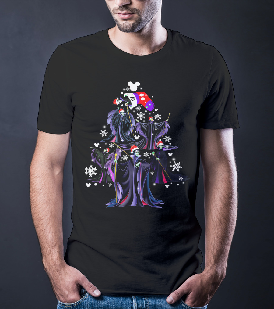 Maleficent Christmas Tree With Santa Hat And Mickey Mouse Snowflakes T-Shirt