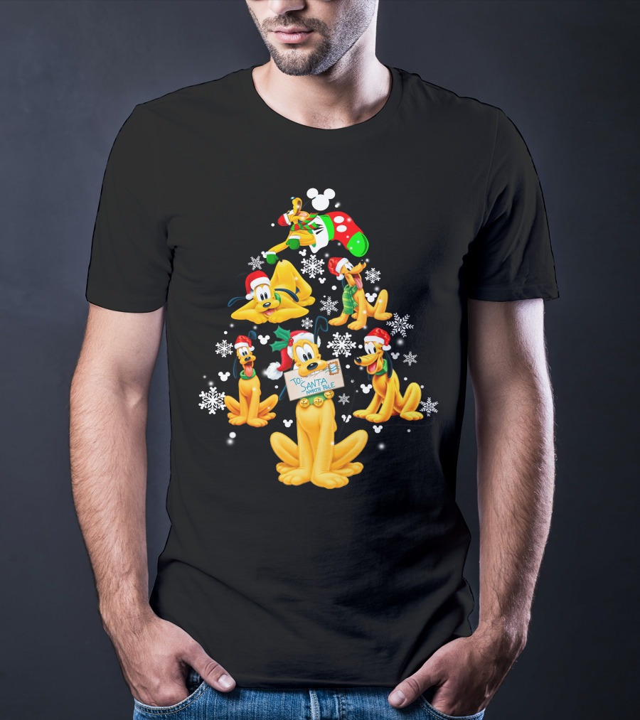 Pluto Christmas Tree Design With Santa Hat And Snowflakes T-Shirt
