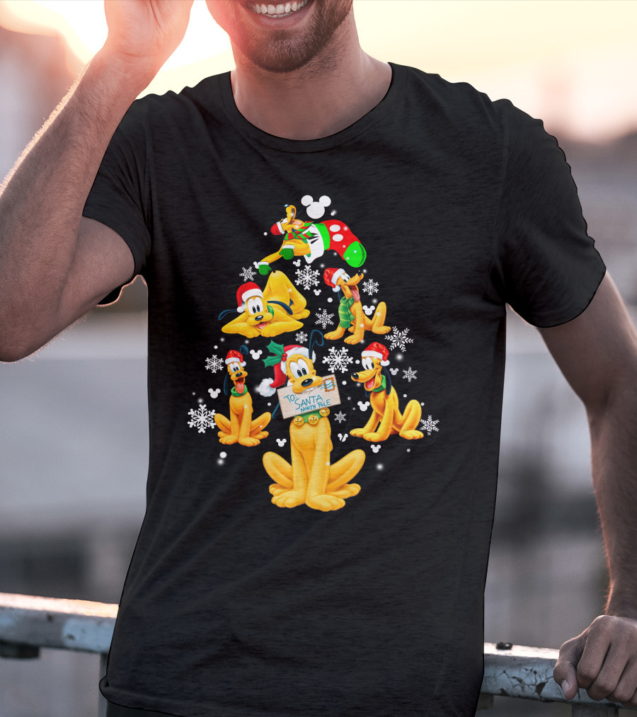 Pluto Christmas Tree Design With Santa Hat And Snowflakes T-Shirt