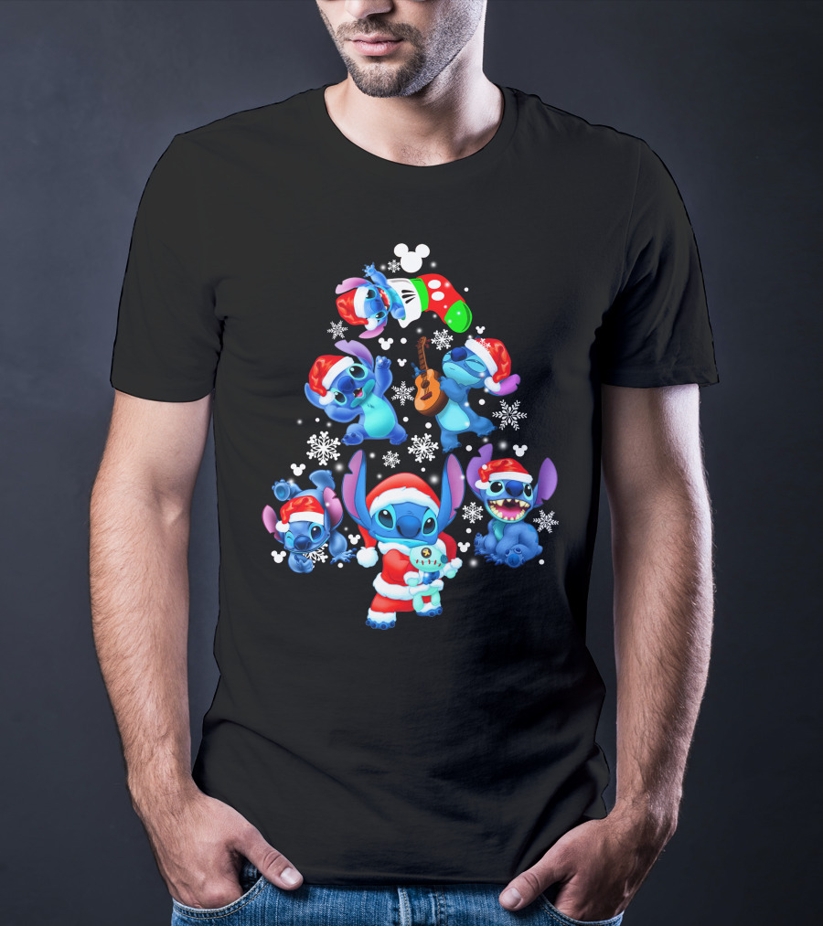 Stitch Christmas Tree With Snowflakes And Santa Hat Holiday T-Shirt