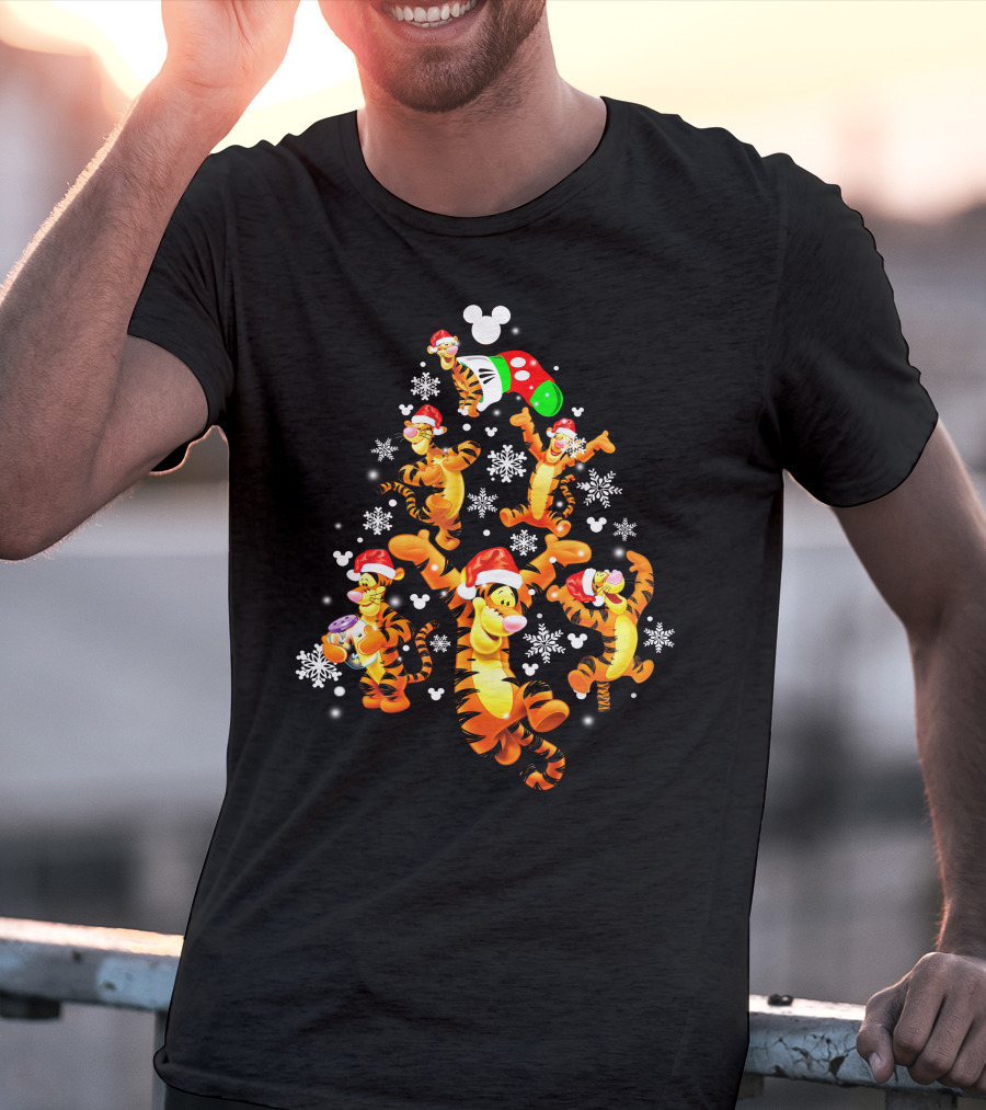 Tigger Christmas Santa Hat Snowflakes Mickey Ears T-Shirt