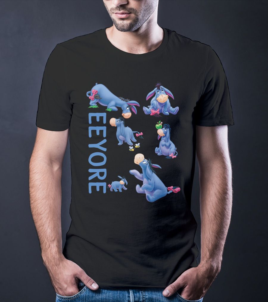 Eeyore Character Illustrations With Text On Black T-Shirt