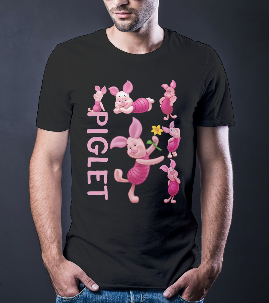Piglet Playful Poses Cute Character With Flower T-Shirt