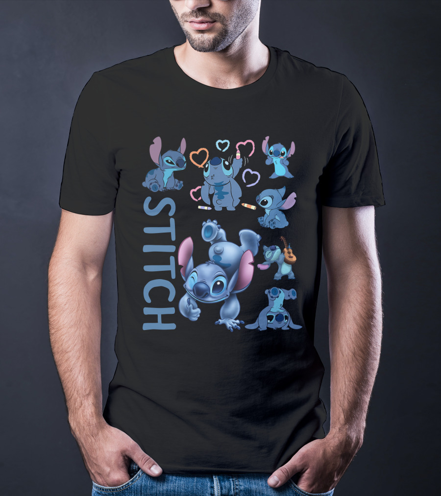 Stitch Cute Blue Alien Playing Guitar And Drawing Hearts T-Shirt