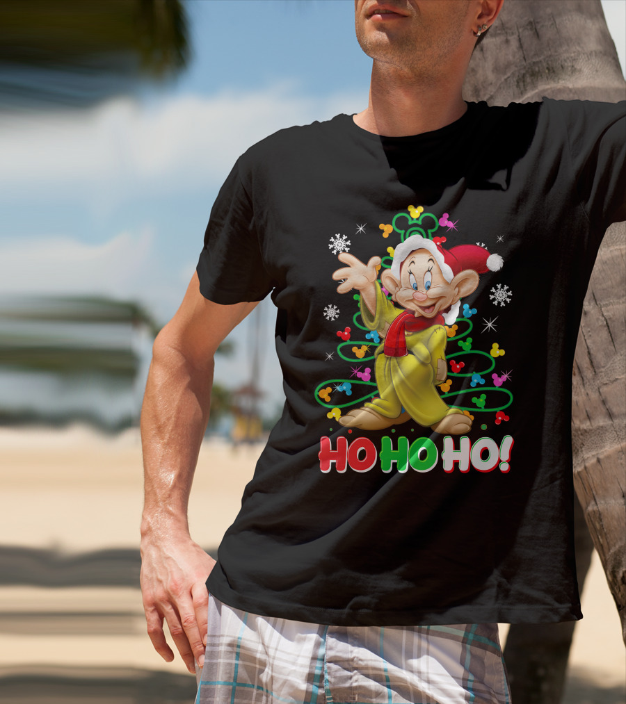 Dopey Ho Ho Ho Christmas Snowflakes Green Yellow Red Santa Hat Disney T-Shirt