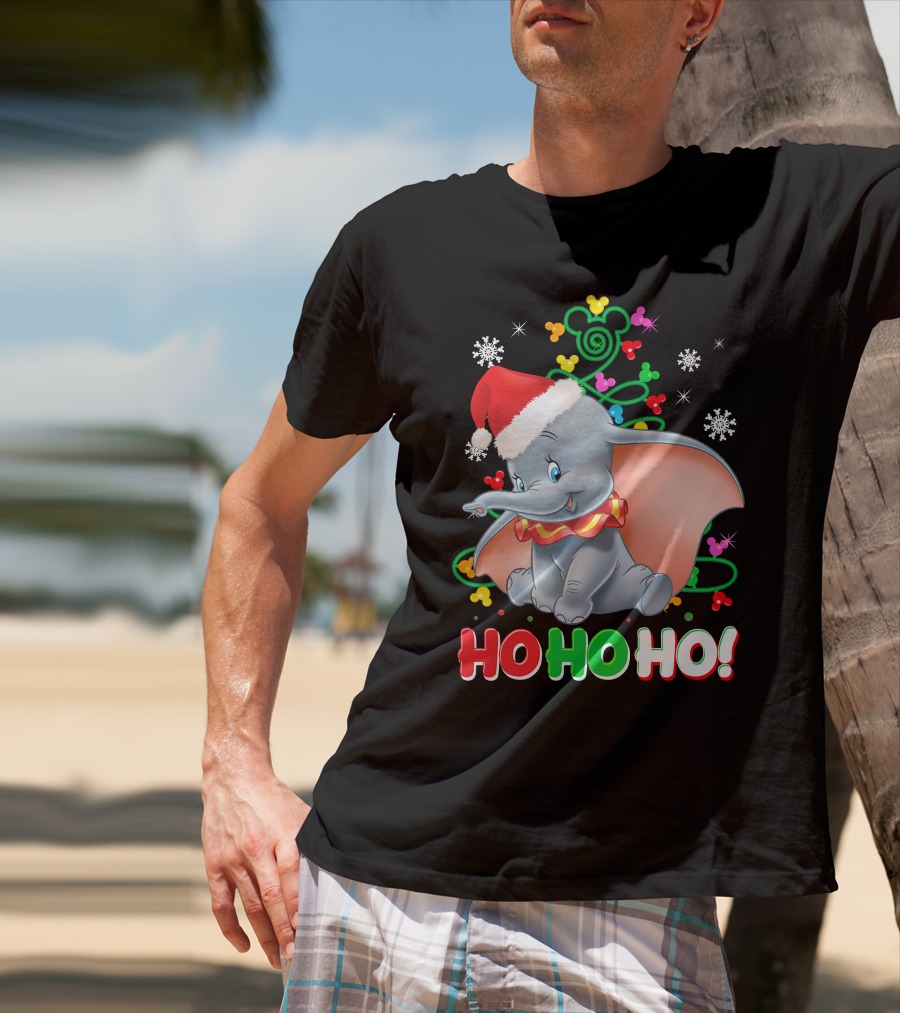 Dumbo Christmas Ho Ho Ho Santa Hat Mickey Mouse Ears Snowflakes T-Shirt