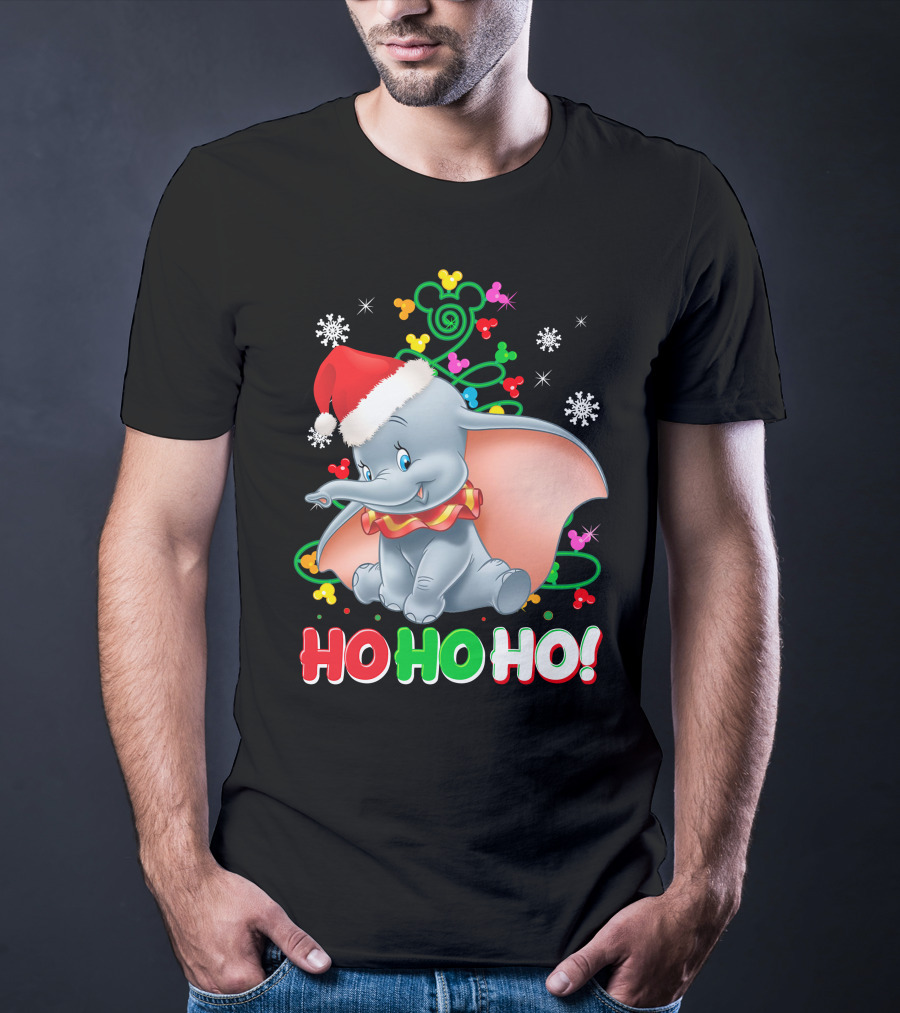 Dumbo Christmas Ho Ho Ho Santa Hat Mickey Mouse Ears Snowflakes T-Shirt
