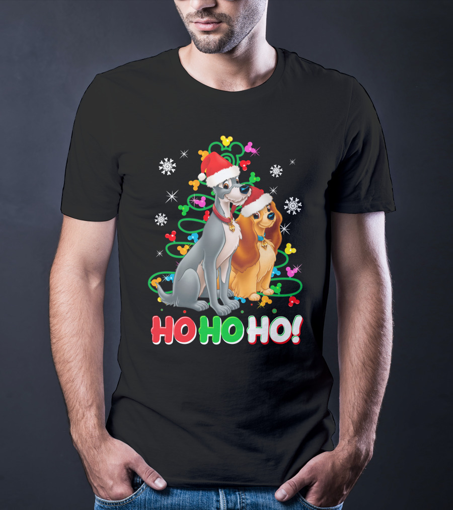 Lady And The Tramp Ho Ho Ho Christmas Santa Hats Snowflakes T-Shirt