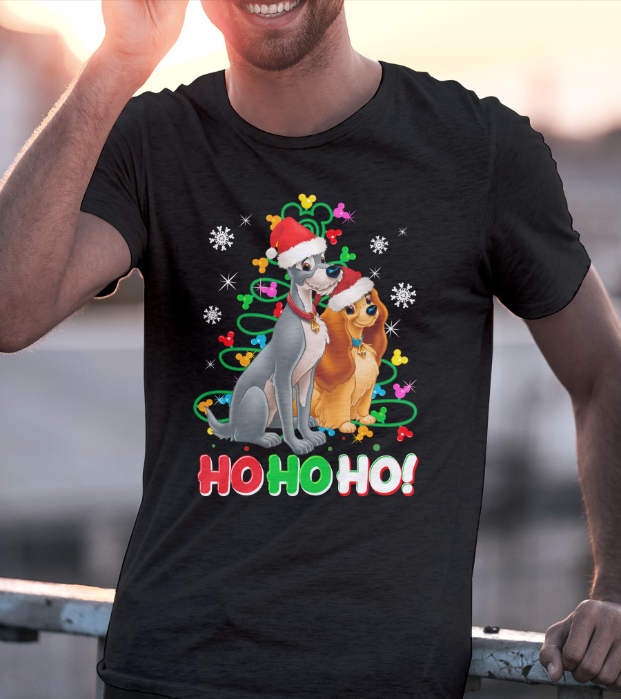 Lady And The Tramp Ho Ho Ho Christmas Santa Hats Snowflakes T-Shirt