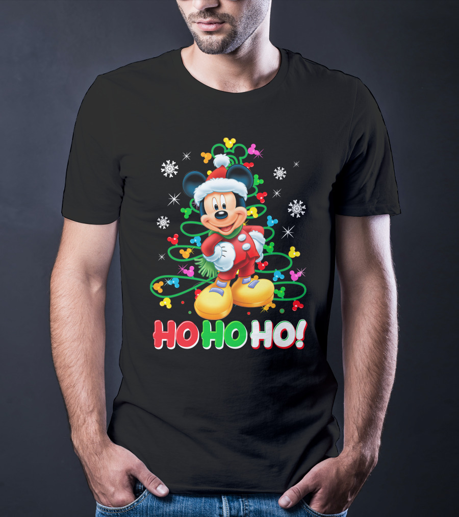 Mickey Mouse Christmas Ho Ho Ho Santa Outfit Snowflakes And Colorful Lights T-Shirt