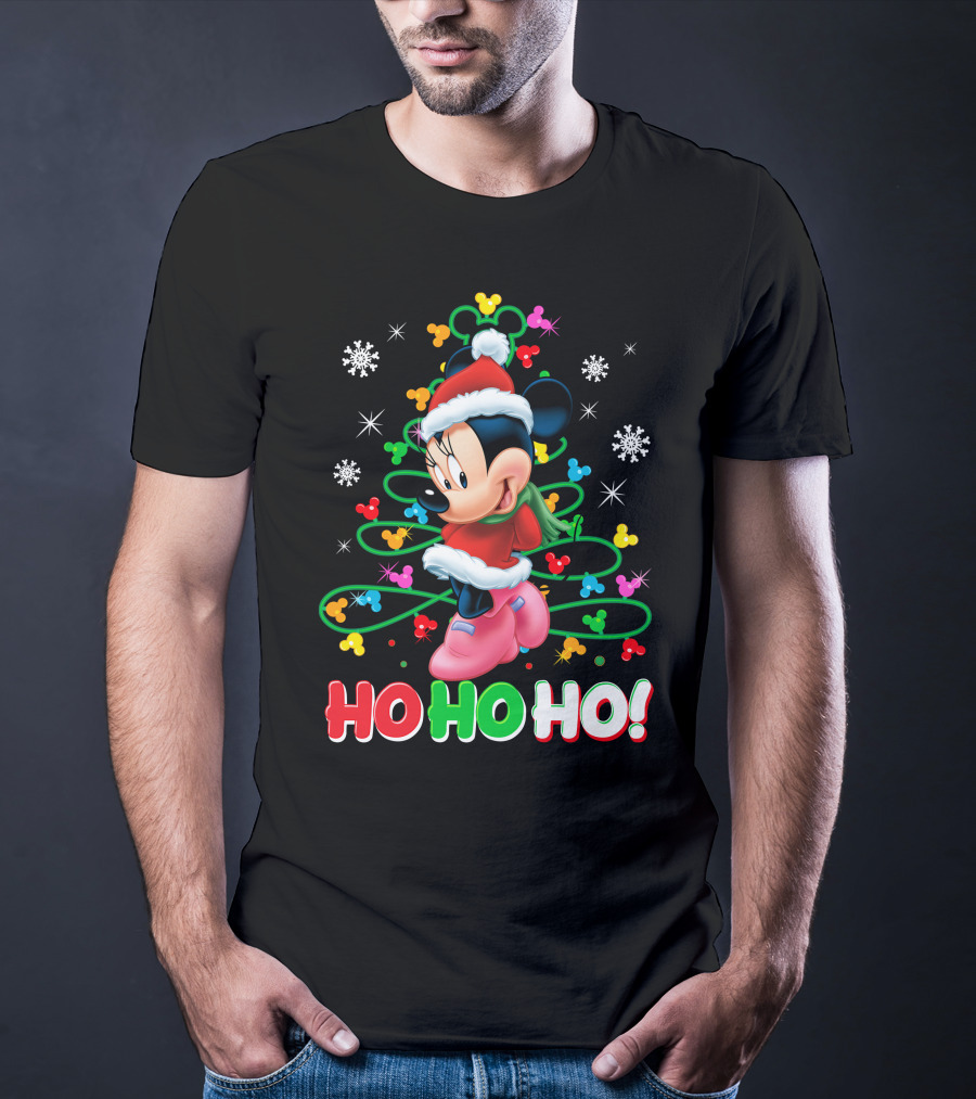 Minnie Mouse Christmas Ho Ho Ho Santa Hat Winter Holiday Snowflakes T-Shirt