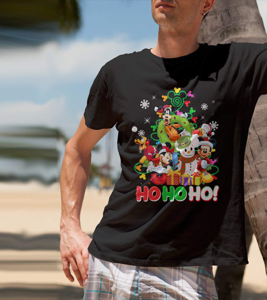 Mickey And Friends Holiday Cheer Ho Ho Ho Snowman And Gifts T-Shirt
