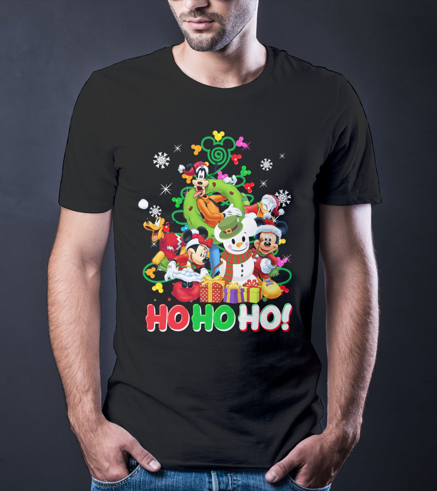 Mickey And Friends Holiday Cheer Ho Ho Ho Snowman And Gifts T-Shirt