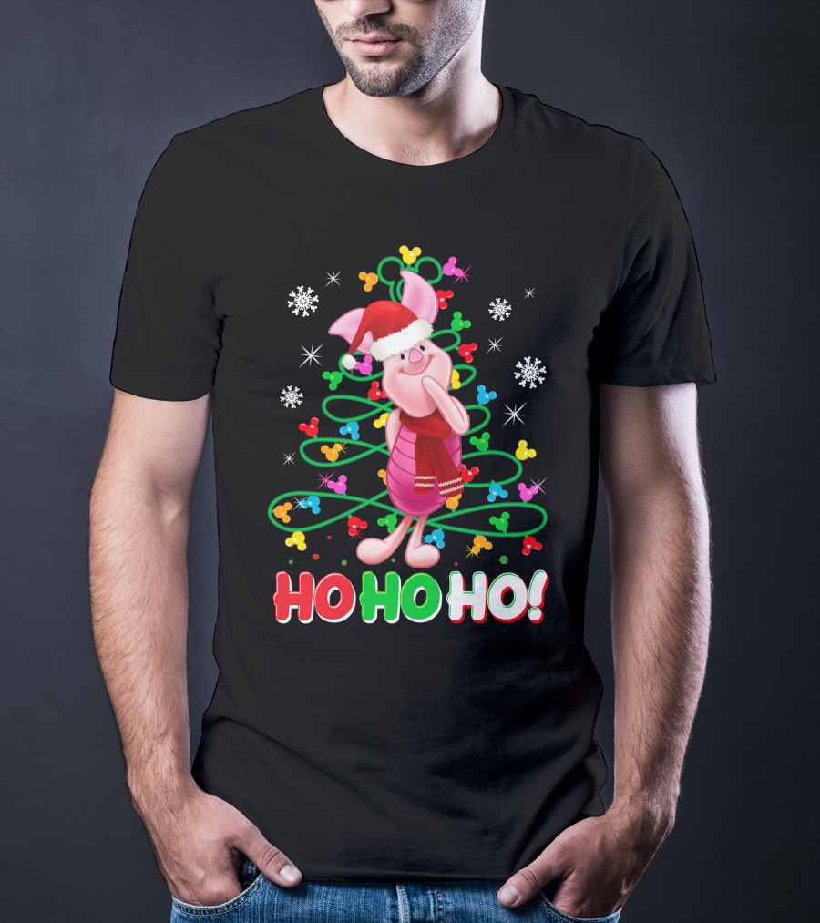 Piglet Christmas Ho Ho Ho Santa Hat Festive Holiday Snowflakes T-Shirt