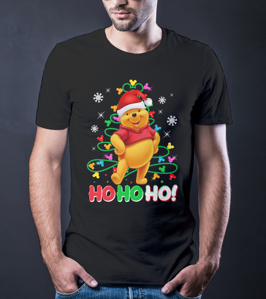 Winnie The Pooh Christmas Ho Ho Ho Santa Hat Snowflakes And Lights T-Shirt