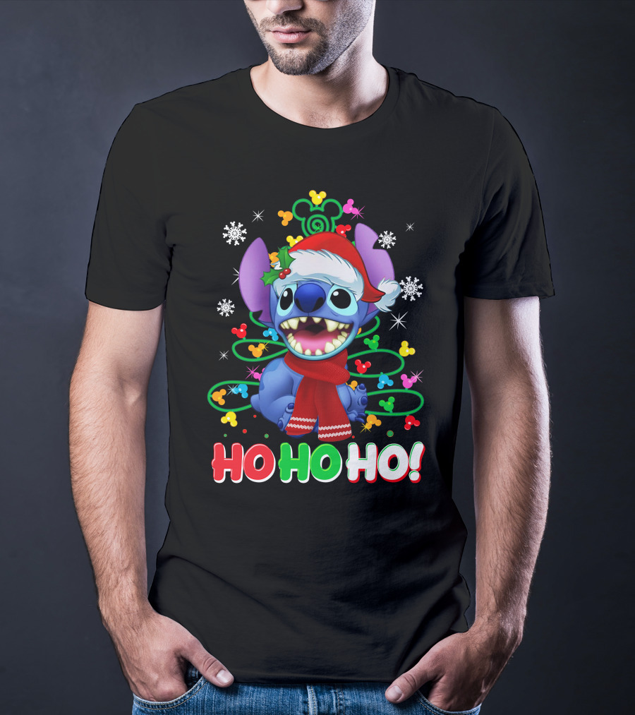 Stitch Christmas Ho Ho Ho Santa Hat Holiday Snowflakes Mickey Ears T-Shirt