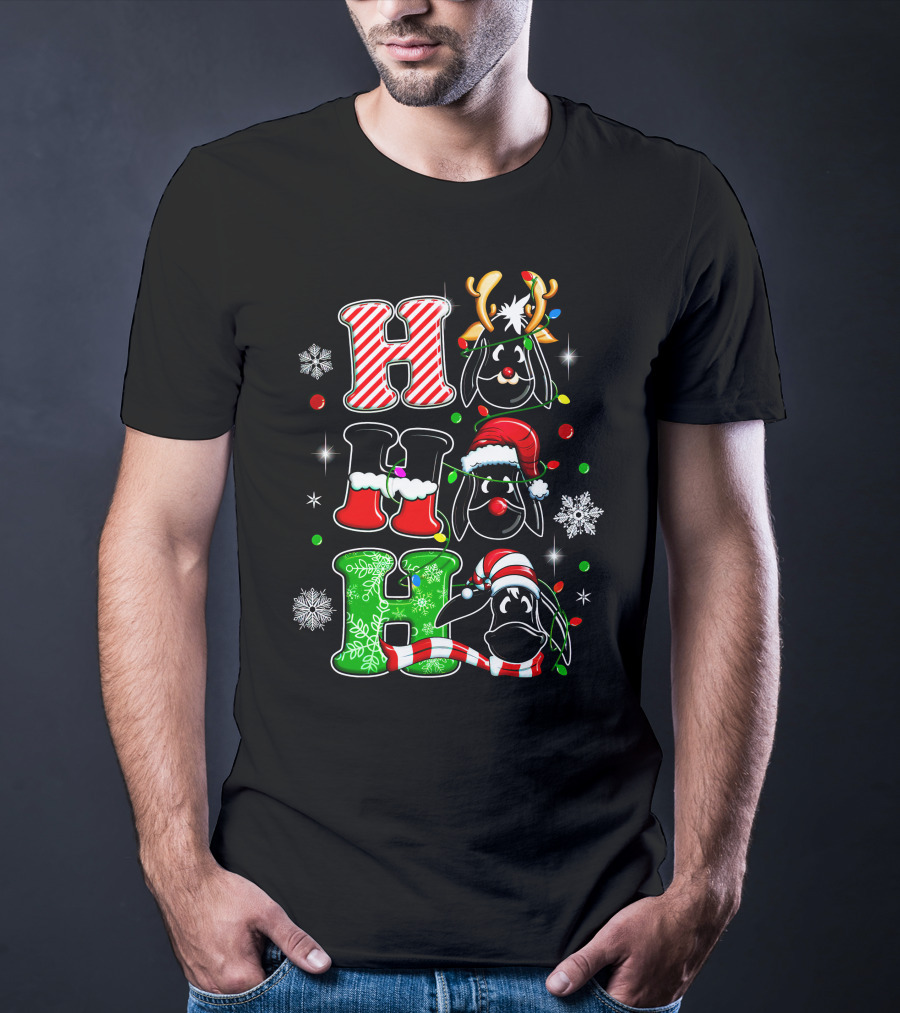 Eeyore Head Ho Ho Ho Christmas Reindeer Santa Hat Snowflakes T-Shirt