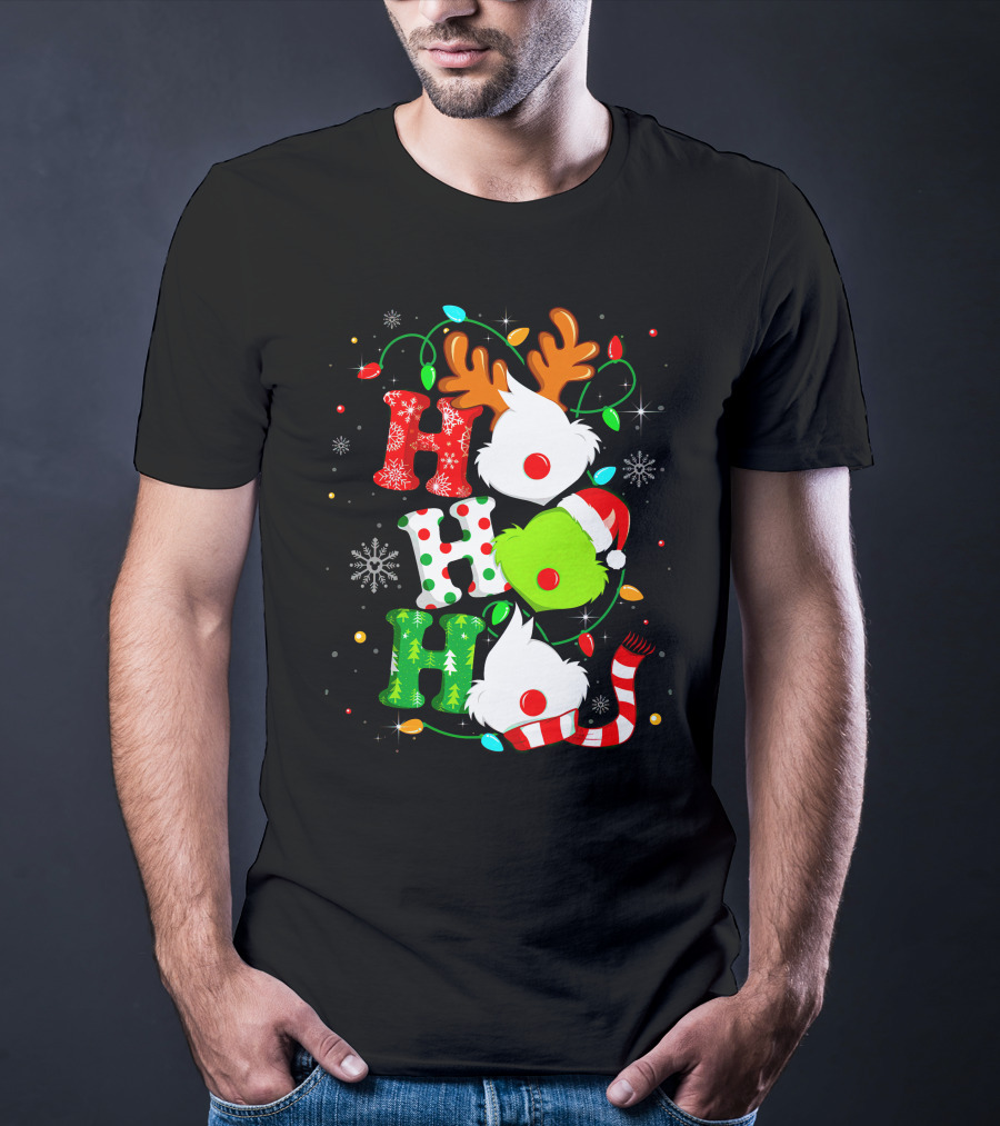 Ho Ho Ho Grinch Christmas Lights Reindeer Antlers Santa Hat Snowflakes T-Shirt