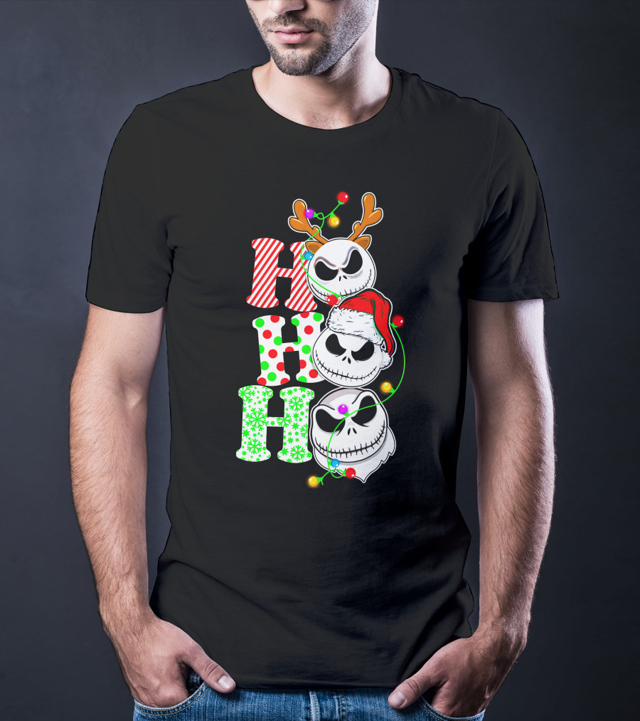 Ho Ho Ho Jack Skellington Christmas Lights Reindeer Antlers Santa Hat T-Shirt