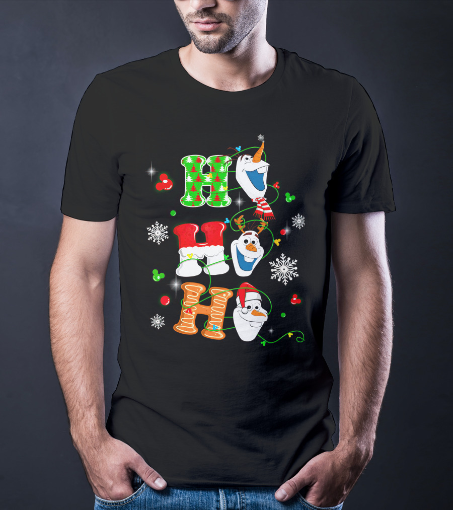 H H H Olaf Snowman With Christmas Trees And Snowflakes Holiday Theme T-Shirt