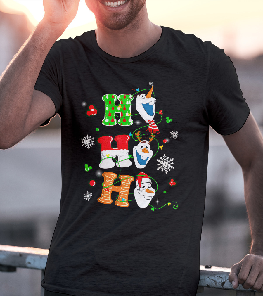 H H H Olaf Snowman With Christmas Trees And Snowflakes Holiday Theme T-Shirt