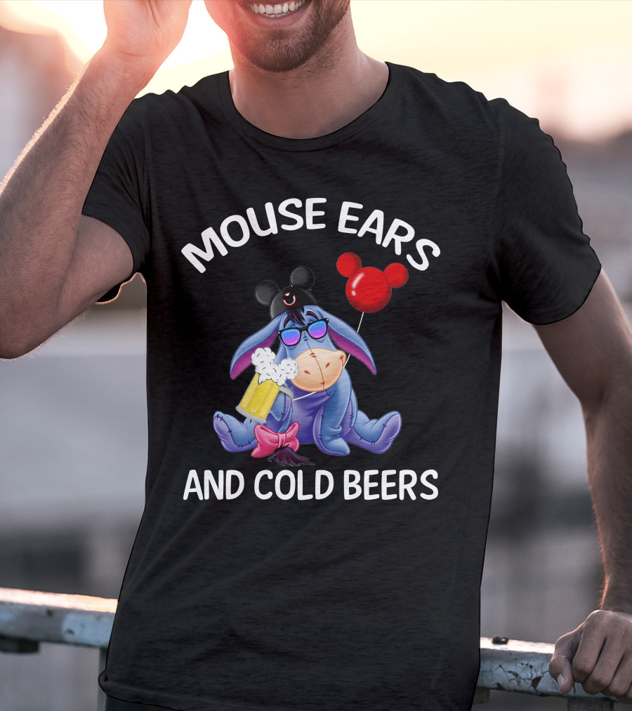 Mouse Ears And Cold Beers Eeyore With Mickey Hat And Balloon T-Shirt