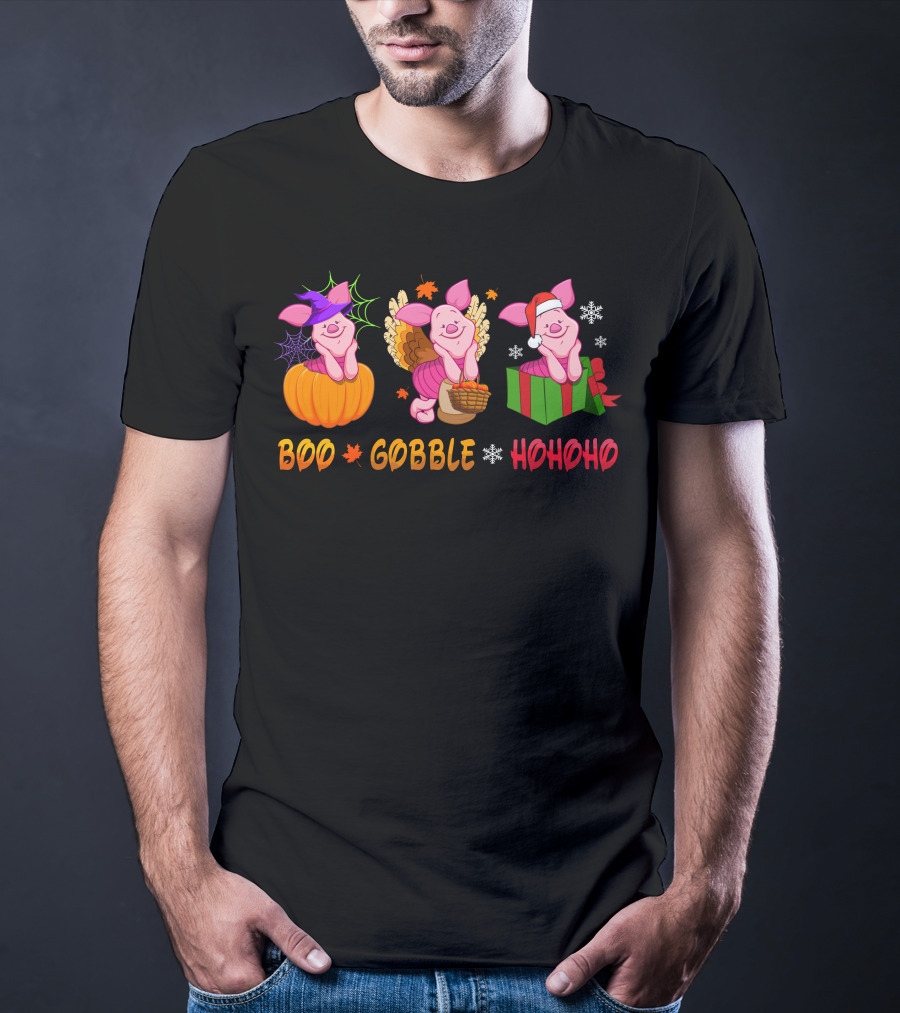 Boo Gobble Hohoho Piglet Halloween Thanksgiving Christmas T-Shirt