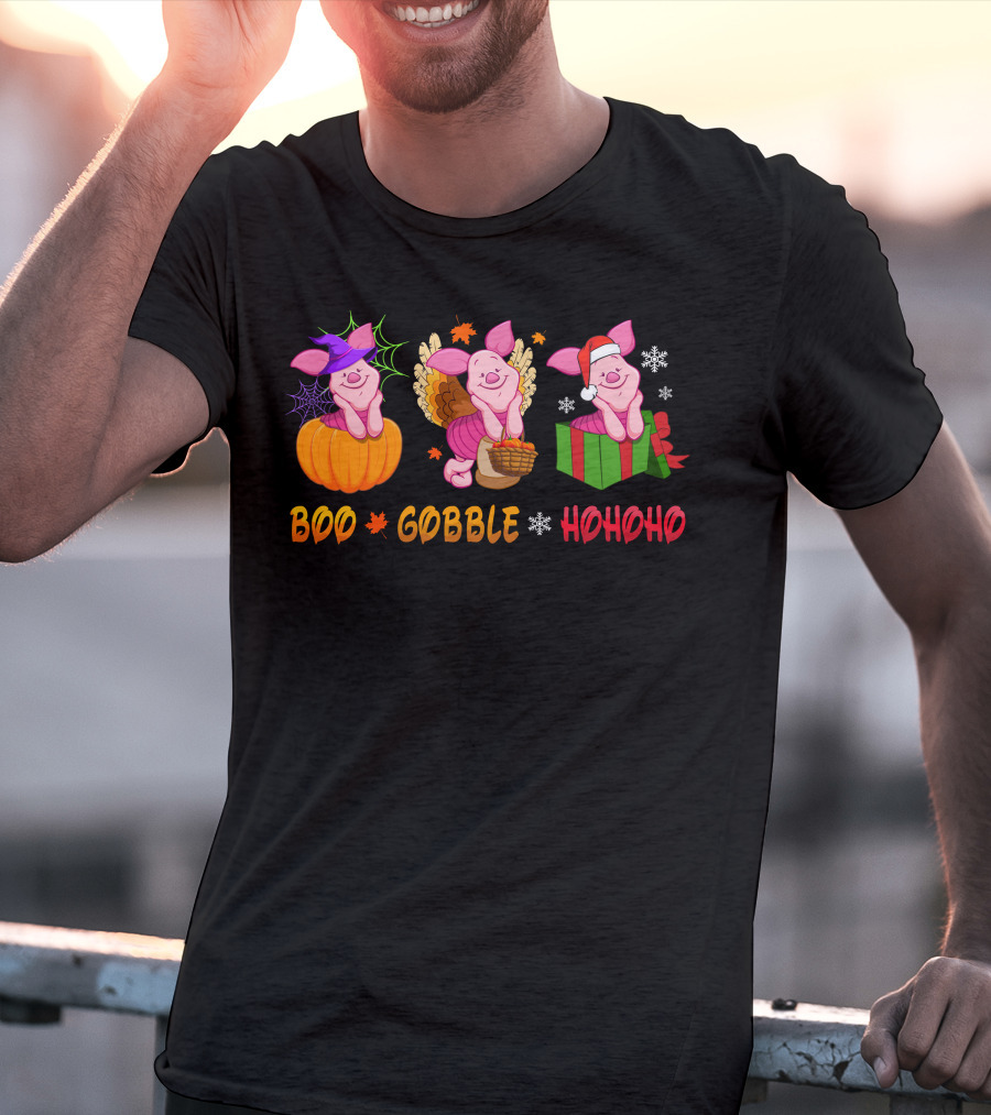 Boo Gobble Hohoho Piglet Halloween Thanksgiving Christmas T-Shirt
