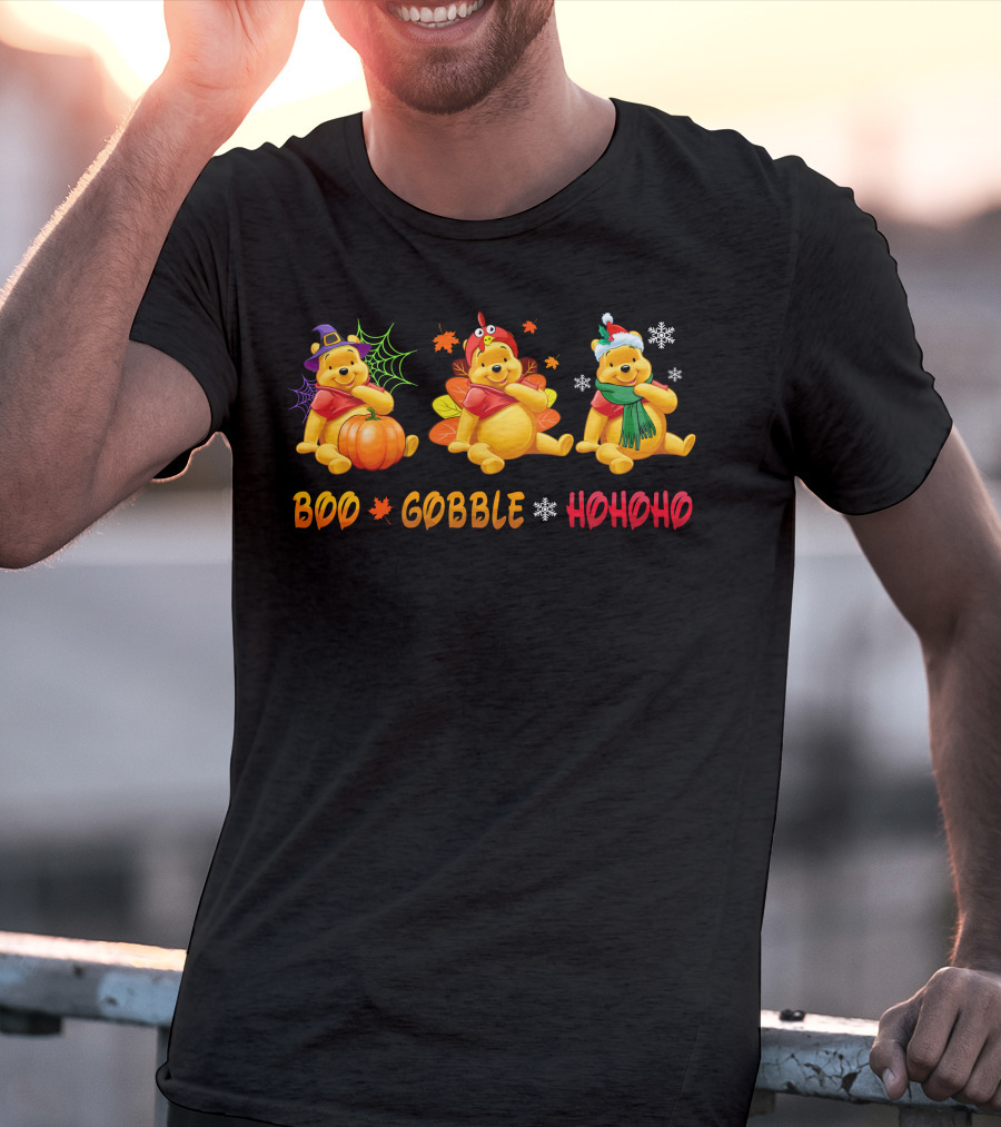 Boo Gobble Hohoho Pooh Halloween Thanksgiving Christmas T-Shirt