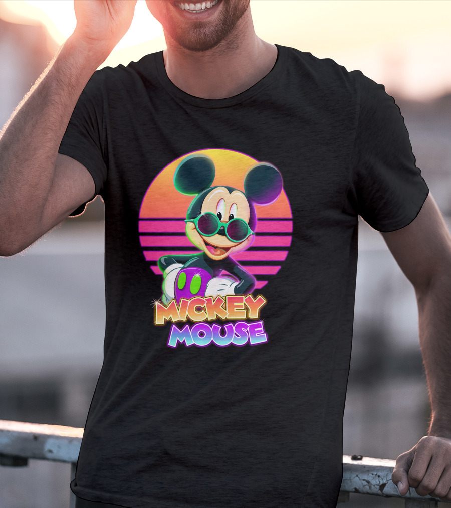 Mickey Mouse Retro Neon Style Sunglasses Sunset T-Shirt