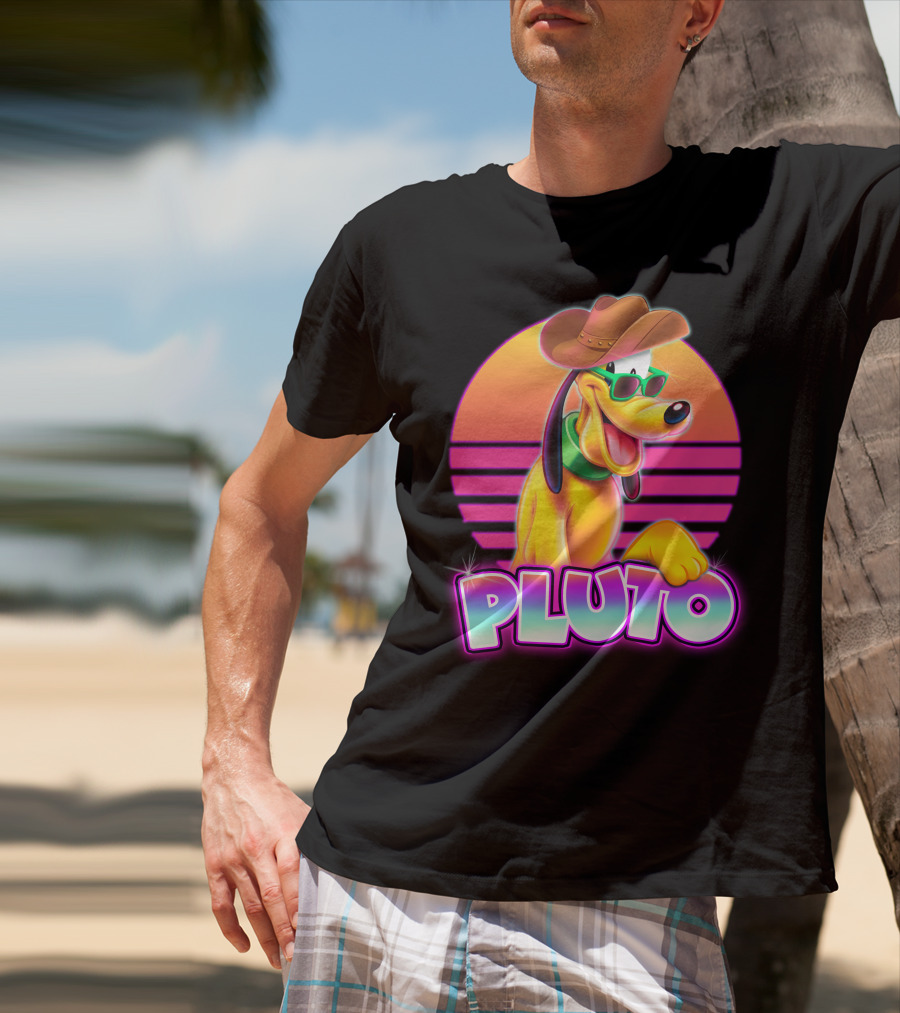 Pluto Retro Sunset Neon Style With Sunglasses And Cowboy Hat T-Shirt