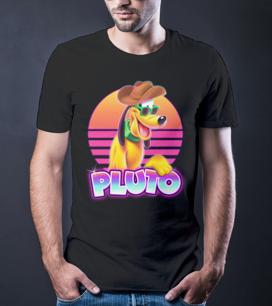 Pluto Retro Sunset Neon Style With Sunglasses And Cowboy Hat T-Shirt