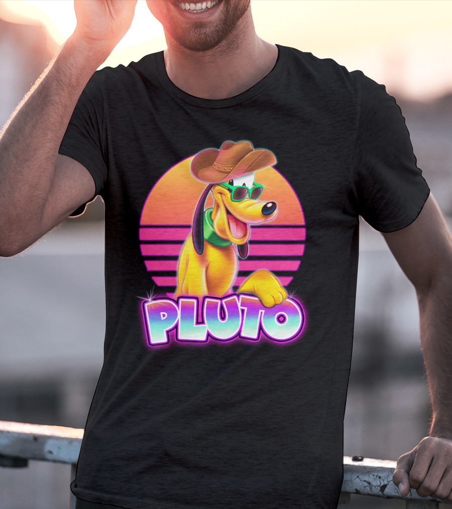 Pluto Retro Sunset Neon Style With Sunglasses And Cowboy Hat T-Shirt
