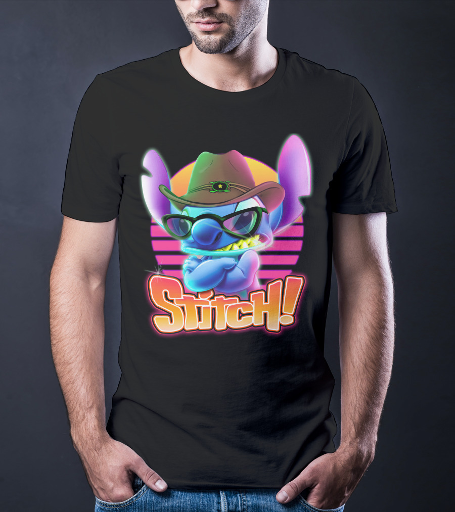 Stitch Neon Retro Cowboy Style With Sunglasses T-Shirt