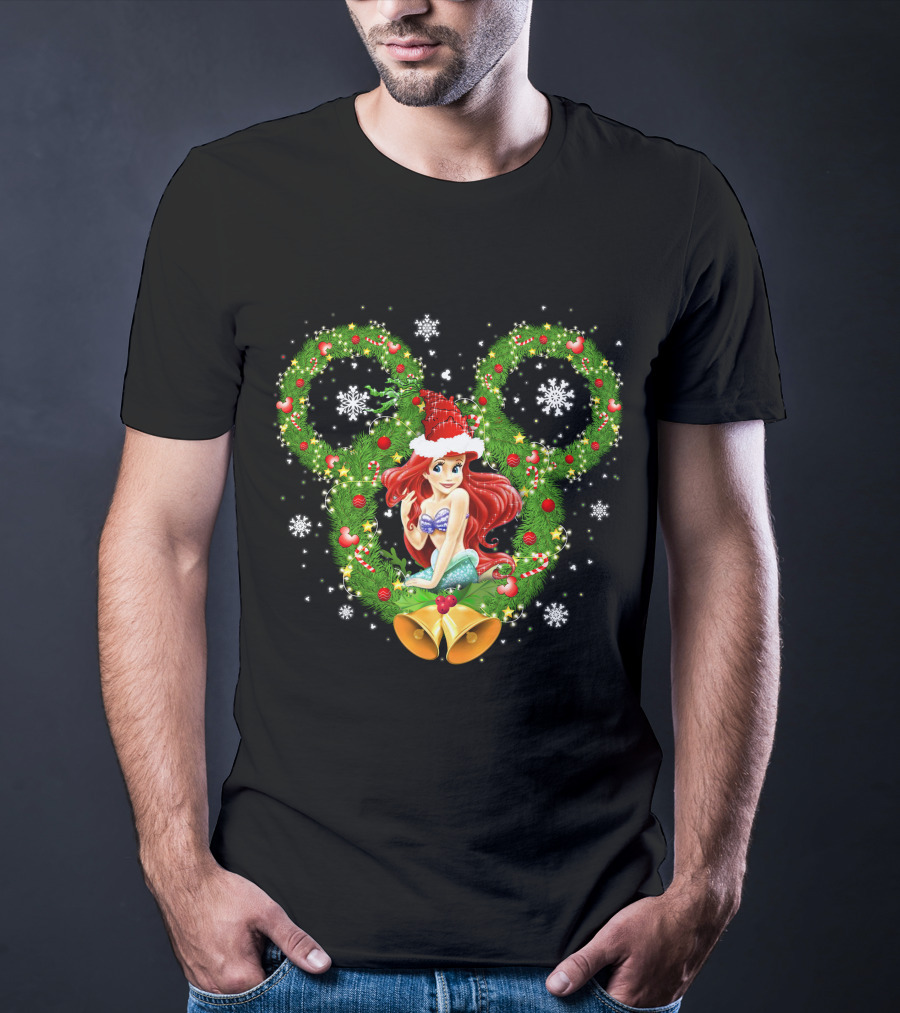 Ariel Christmas Holiday Wreath With Mickey Ears And Festive Bells T-Shirt