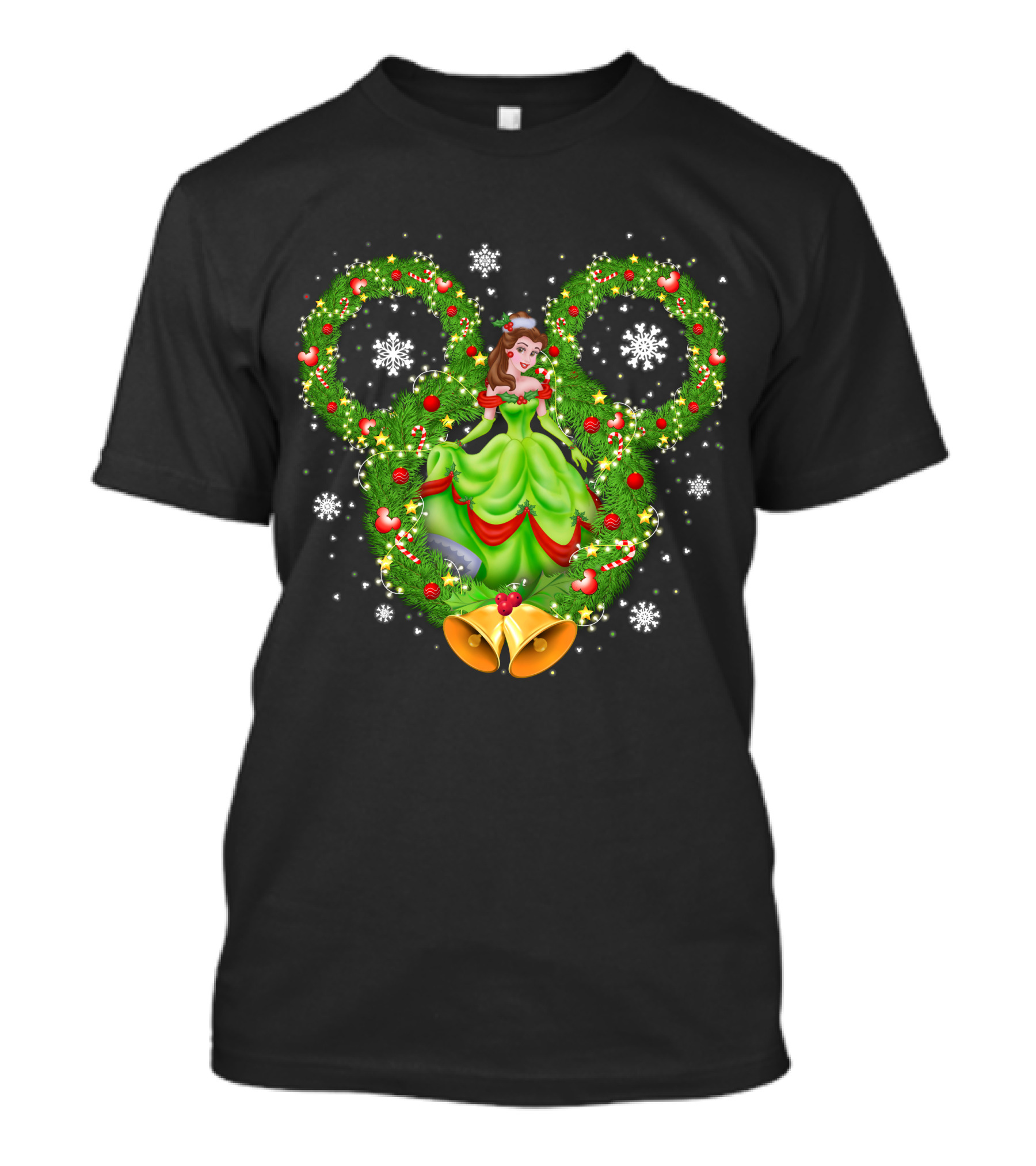 Belle Christmas Wreath Mickey Ears Snowflakes And Bells T-Shirt