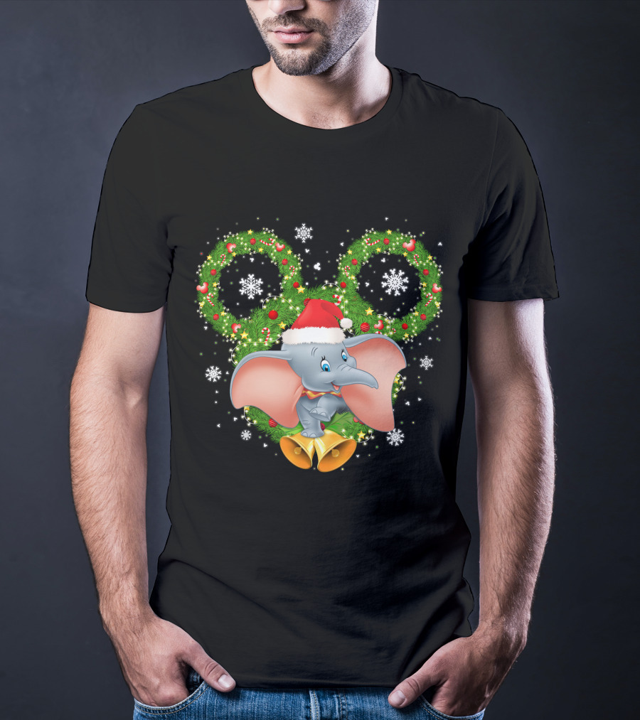 Dumbo Christmas Santa Hat Holiday Wreath Snowflakes T-Shirt