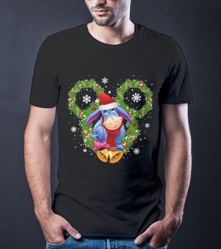 Eeyore Christmas Mickey Ears Wreath Snowflakes Santa Hat T-Shirt