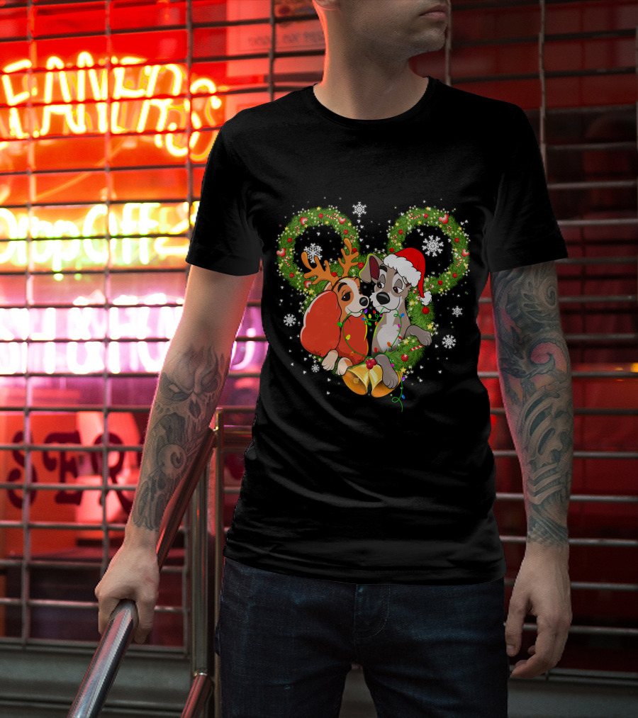 Lady And The Tramp Christmas Wreath Mickey Ears Snowflakes T-Shirt