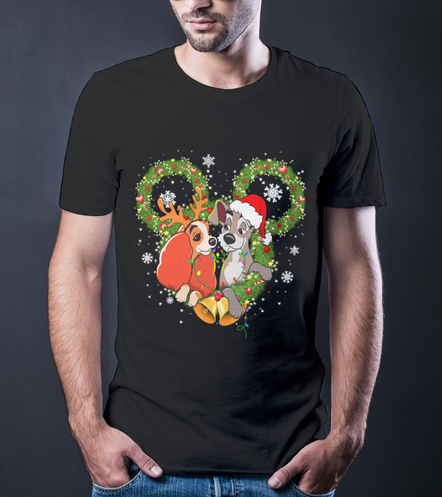 Lady And The Tramp Christmas Wreath Mickey Ears Snowflakes T-Shirt