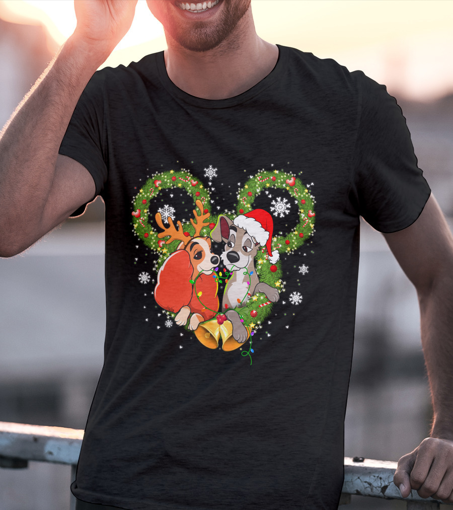 Lady And The Tramp Christmas Wreath Mickey Ears Snowflakes T-Shirt